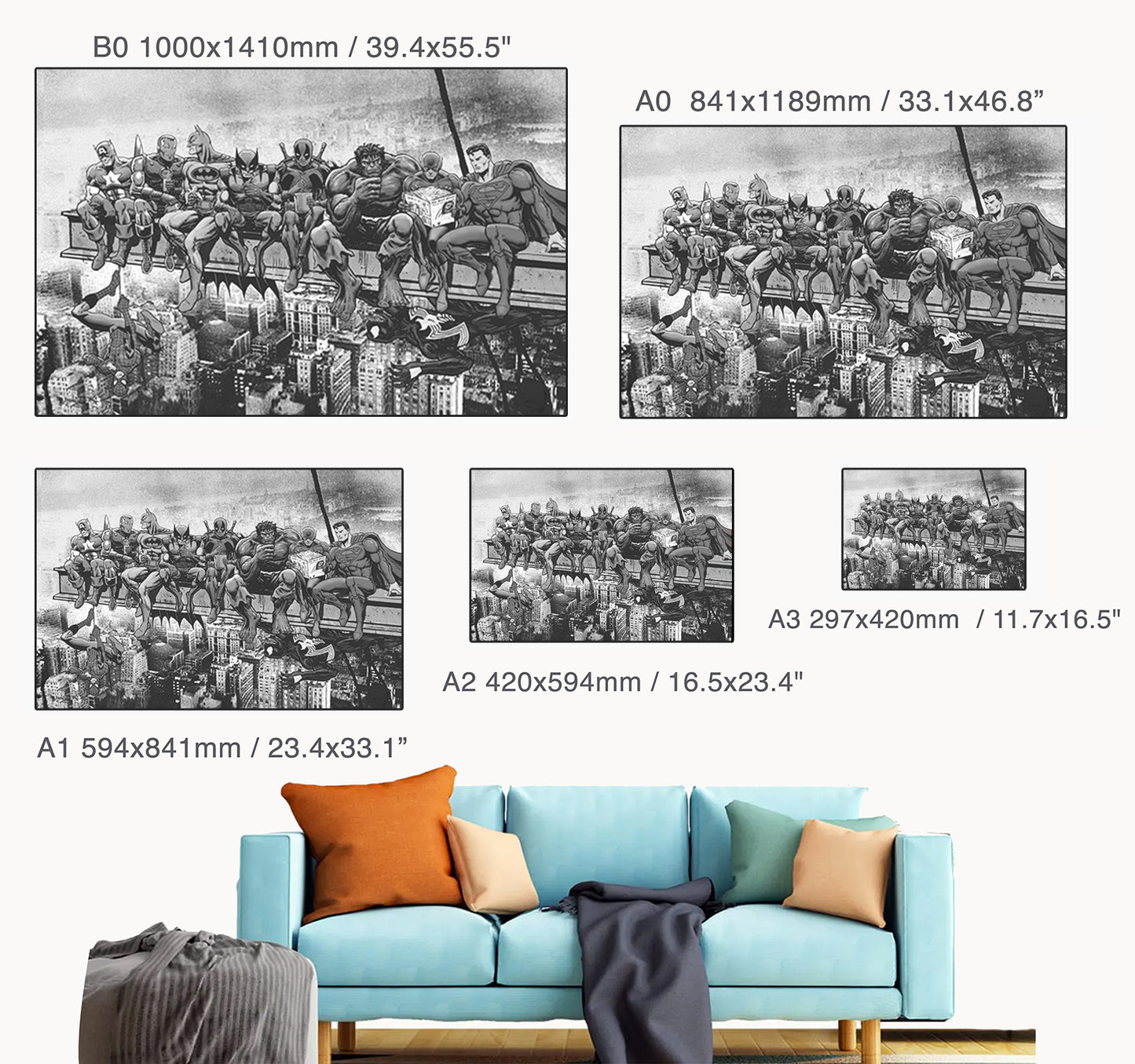 Marvel & DC Superheroes Skyscraper Lunch In Glorious B&W - Art Print/Poster