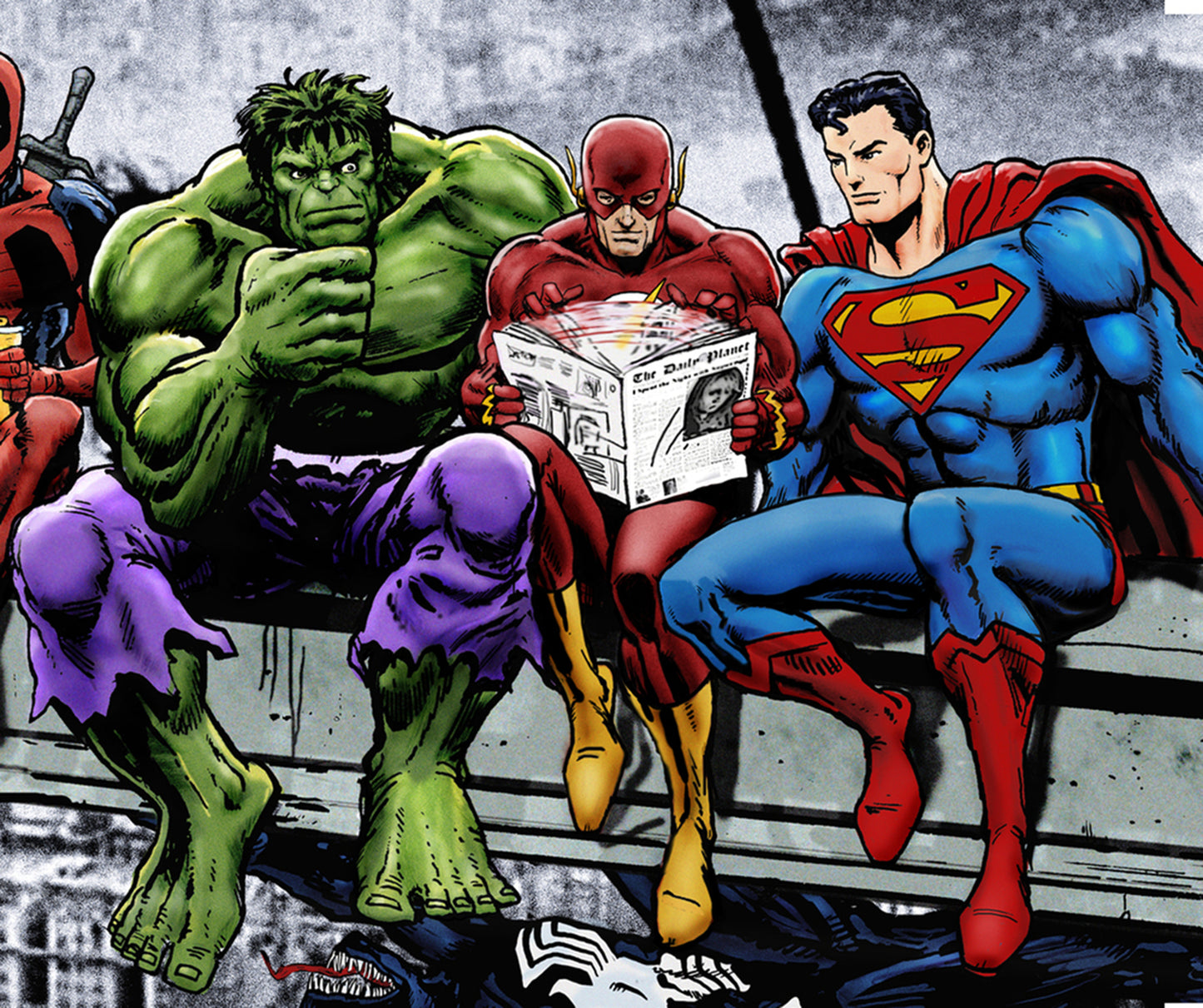 Marvel and DC Superheroes Lunch Atop A Skyscraper - Mounted Canvas