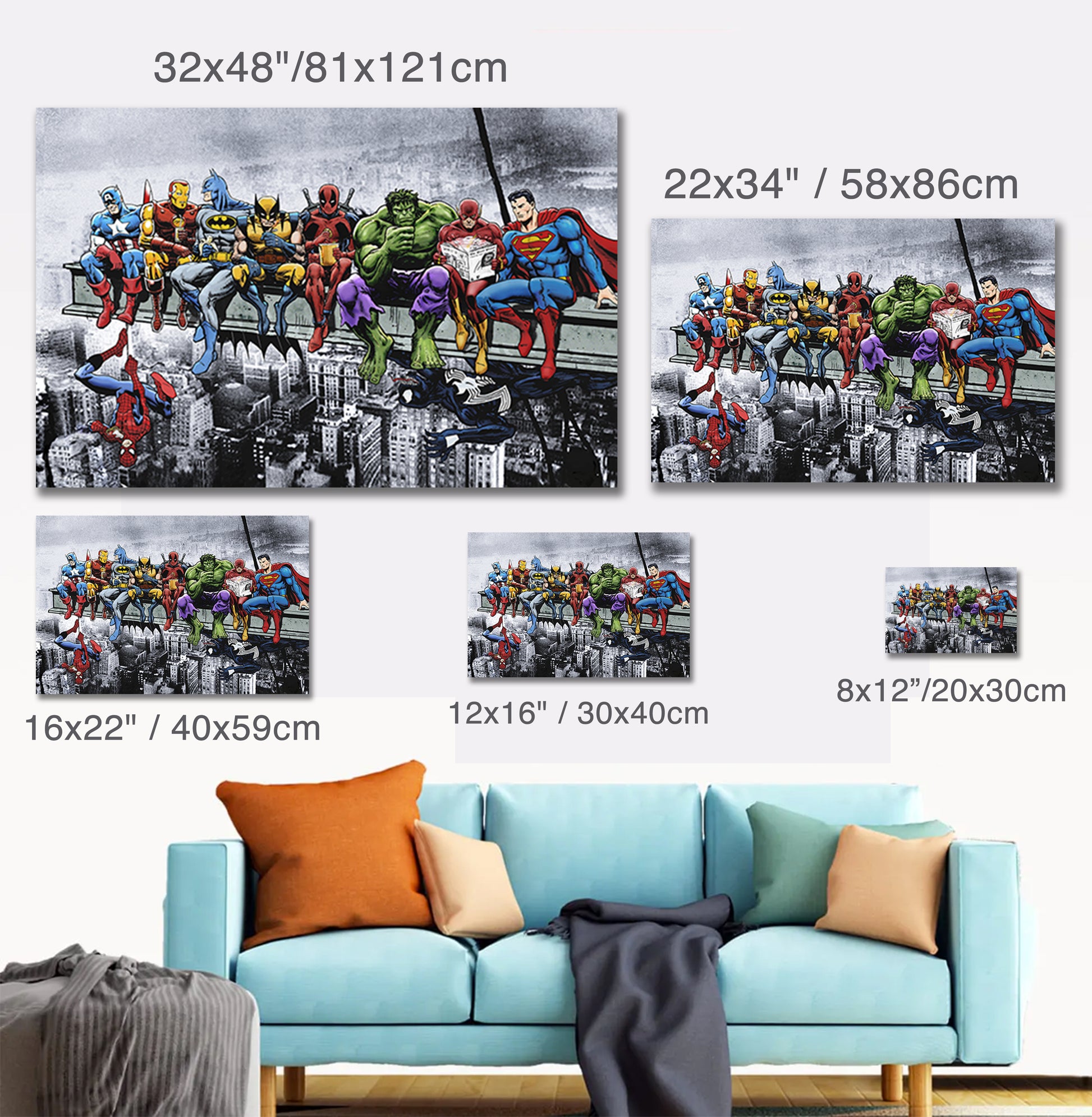 various sizes of Marvel Superhero Lunch mounted canvases