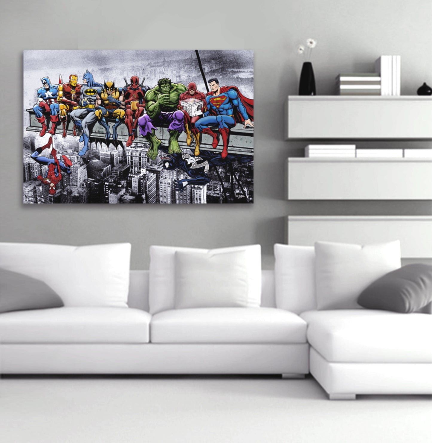 Marvel and DC Superheroes Lunch Atop A Skyscraper - Mounted Canvas