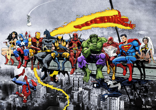 MORE Superheroes Lunching Atop A Skyscraper- Mounted Canvas