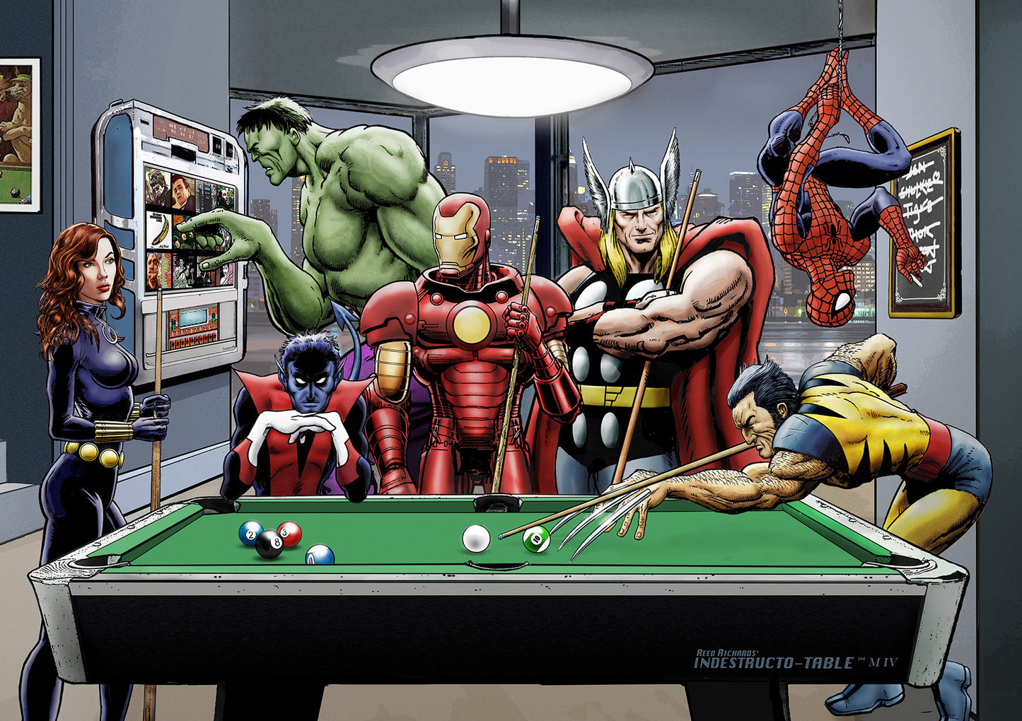 Marvel Superheroes Relax Playing Pool - Mounted Canvas