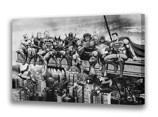 Marvel & DC Superheroes Skyscraper Lunch In Glorious B&W - Mounted Canvas