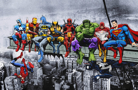 Marvel and DC Superheroes Lunch Atop A Skyscraper -Art Print/Poster
