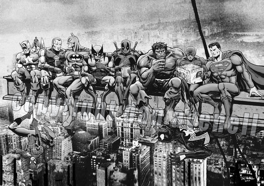 Marvel & DC Superheroes Skyscraper Lunch In Glorious B&W - Art Print/Poster